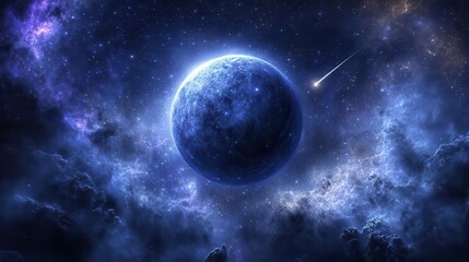 Vibrant Cosmic Landscape with Blue Planet Surrounded by Stars and Glowing Nebula in Space