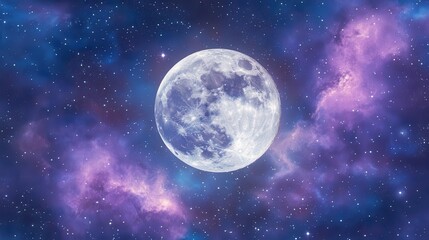 Vibrant Full Moon Illuminating a Colorful Cosmic Landscape in the Depths of Space