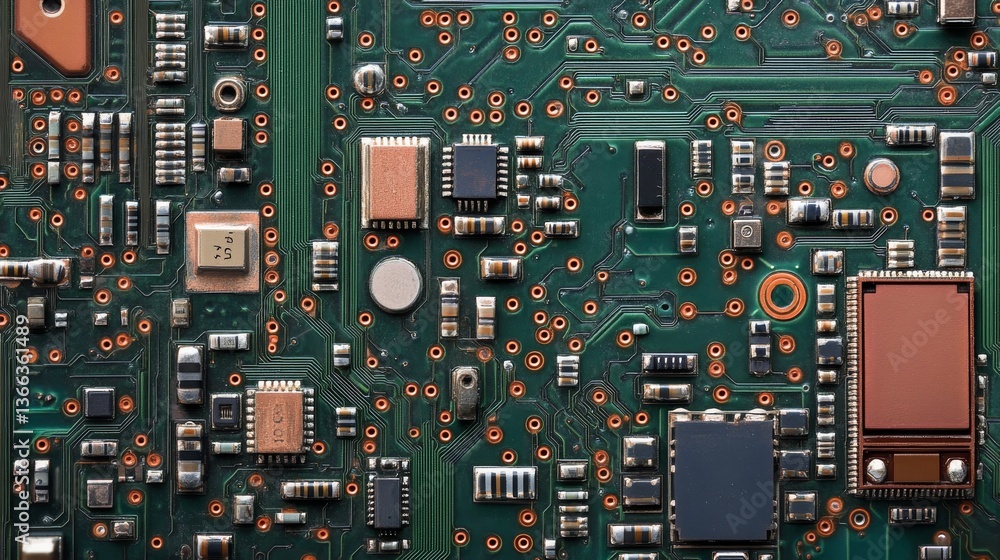 Poster high-resolution close-up of a green printed circuit board (pcb) showcasing microchips, resistors, ca