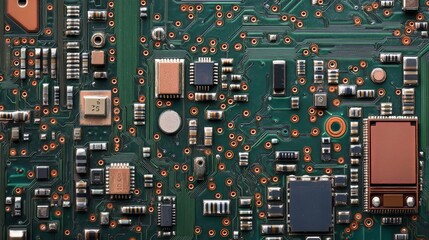 High-resolution close-up of a green printed circuit board (PCB) showcasing microchips, resistors, capacitors, and intricate pathways. Ideal for technology, electronics, and innovation concepts.. AI