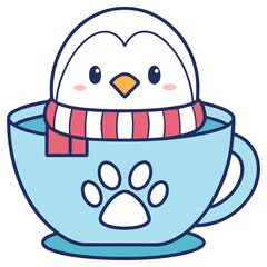 Adorable Penguin Cartoon in Blue Cup with Paw Print and Striped Scarf Design