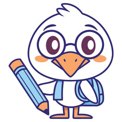 Smiling White Cartoon Bird With Glasses Holding Pencil, Backpack on