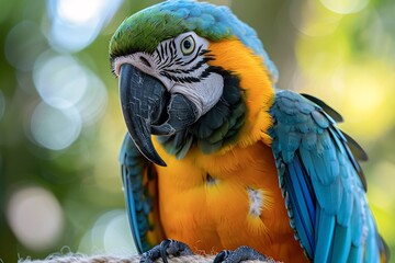 Naklejka premium Probing parrot pecking at a new toy turning it over with its beak and feet eyes pinning with interest demonstrating avian exploration
