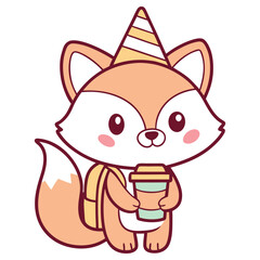 Cartoon Fox with Party Hat, Backpack and Coffee Cup on White Background Design