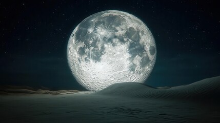 Vast Desert Landscape Under a Glowing Full Moon Illuminated by Stars in a Night Sky