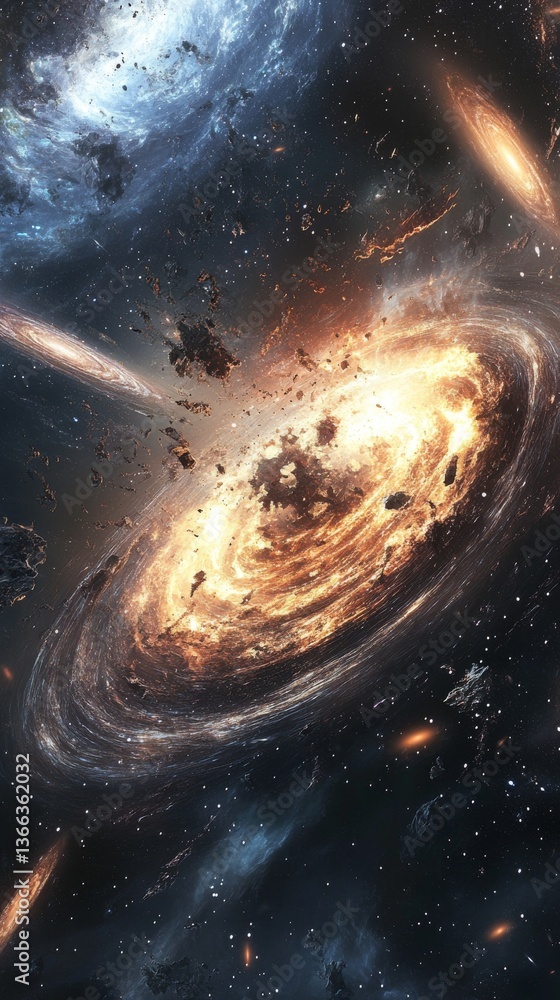 Aufkleber an intense and dynamic view of a fiery galaxy with a bright core surrounded by fragmented debris in 