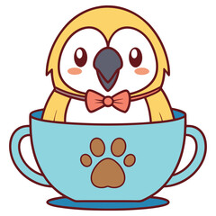Fototapeta premium Cute Yellow Puffin Cartoon Character with Bow Tie Inside Blue Cup with Paw Print