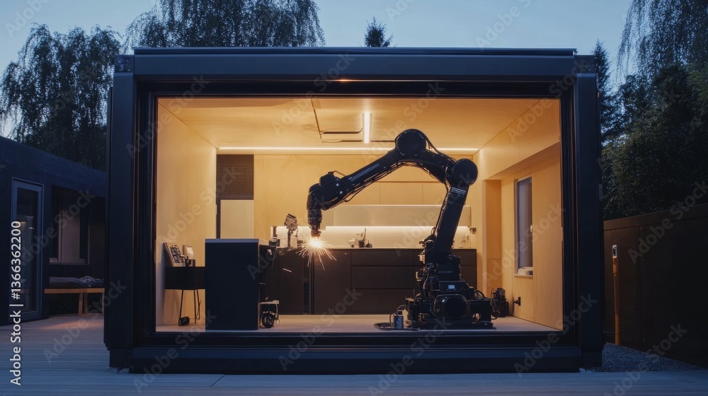Poster a black industrial robotic arm in a modern workshop setting, performing precise tasks with sparks fl