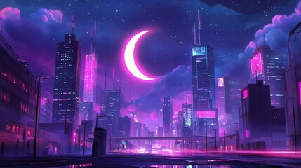 Vibrant Neon City Skyline at Night with a Crescent Moon and Reflective Surfaces in Futuristic Landscape