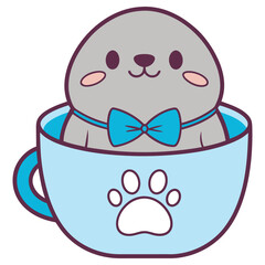 Kawaii Seal Pup in Teacup with Paw Print and Blue Bow Tie on White Background