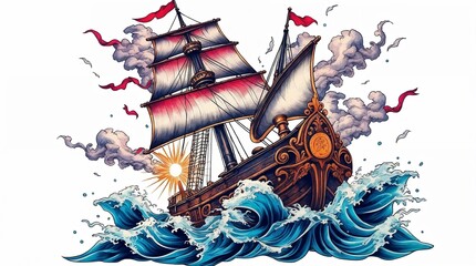 Vintage ship sailing through turbulent waves with sun rays  