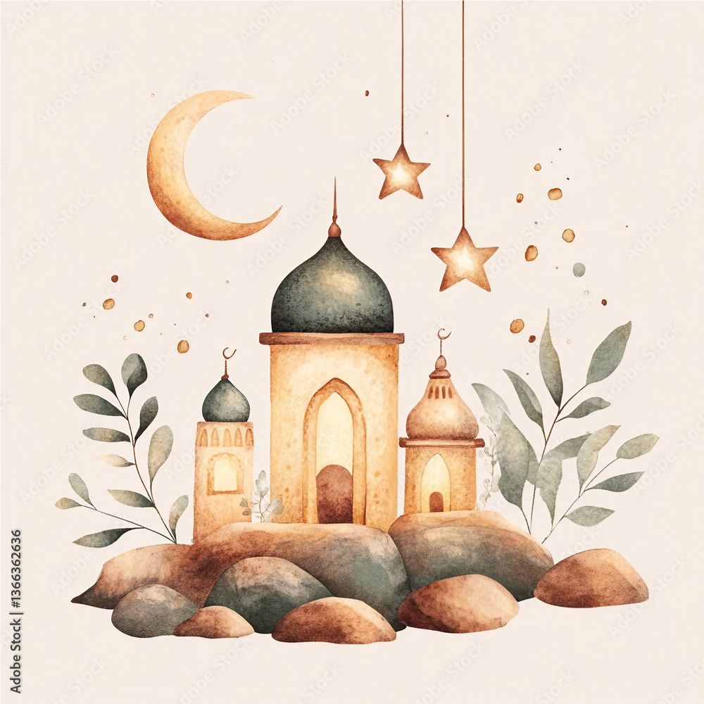 Fototapete a crescent moon and star, a lantern, and a handful of dates a concept of ramadan mubarak, create wit