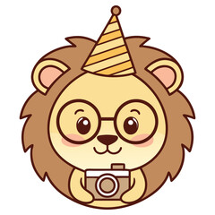 Lion Cartoon Character Wearing Party Hat & Glasses, Holding Camera on Transparent Background