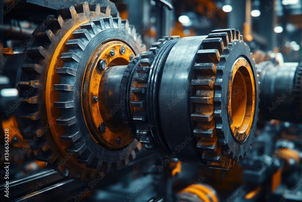 Poster close up of industrial gears rotating in a factory setting
