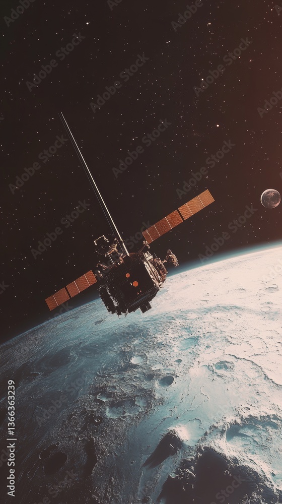 Poster a high-resolution image of a satellite in orbit around earth, with the moon visible in the distance 