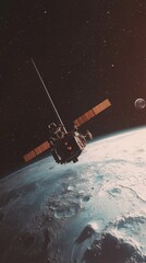 Naklejka premium A high-resolution image of a satellite in orbit around Earth, with the moon visible in the distance and a starry space background. Perfect for space exploration or technology themes.. AI Generation