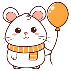 Cartoon White Mouse with Scarf Holding Orange Balloon on Transparent Background