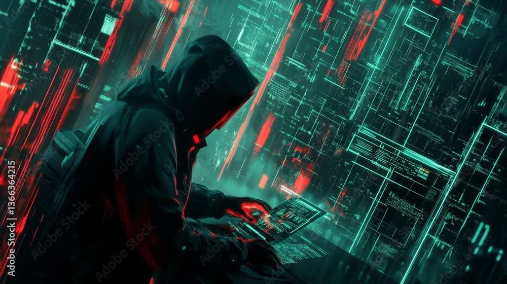 Poster a hooded individual interacts with a laptop amidst glowing red and green digital streams in a cyberp