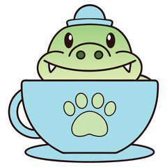 Cartoon Crocodile in Blue Teacup with Paw Print, Adorable Flat Design, Isolated