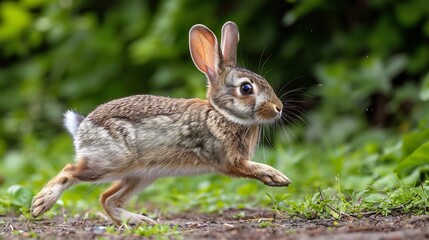 Fototapeta premium Rabbit thumping its hind leg rapidly on the ground signaling danger to its companions after hearing a sudden loud noise eyes wide and nostrils flared ready to bolt if necessary