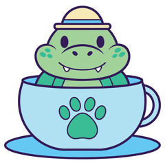 Cute Cartoon Alligator in Cup with Paw Print, Transparent Background Design