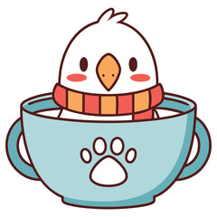 Kawaii Bird Character in a Blue Tea Cup with Paw Print and Striped Scarf Design