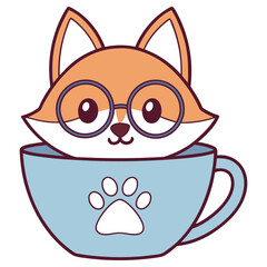 Cartoon Fox with Glasses Inside Blue Mug with Paw Print on Transparent Background