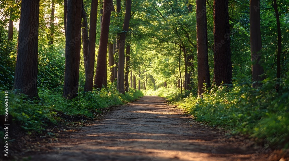 Poster a forest path leading to an ethereal sunlit clearing. sunlight filters through the trees, creating a