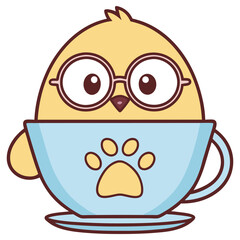Cute Cartoon Yellow Chick Character with Glasses in a Light Blue Tea Cup Design
