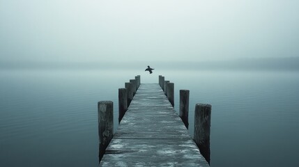 Obraz premium Foggy lake, wooden dock, bird in flight, serene scene, peaceful atmosphere, for a tranquil and inspiring stock photo