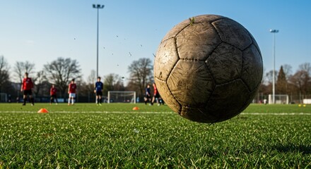 Fototapeta premium Soccer ball in action during training on a sunny field 