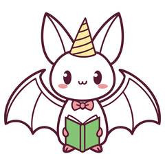Cartoon White Bat with Party Hat Reading a Book on a Transparent Background