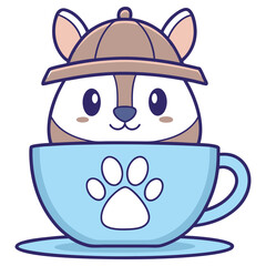 Cartoon Dog in Cup with Paw Print, Wearing Hat, Cute Animal Icon, Isolated