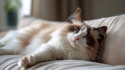 Relaxed Ragdoll cat sprawled across a plush sofa limbs stretched out eyes half closed purring softly as a gentle breeze flows through an open window whiskers twitching slightly in contentment