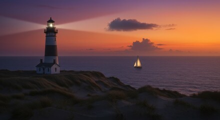 Fototapeta premium Lighthouse shining at sunset with sailboat on the ocean 