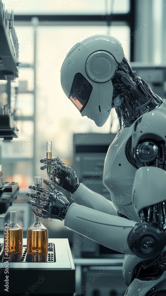 Poster a humanoid robot carefully conducting scientific experiments in a modern laboratory, holding a test 