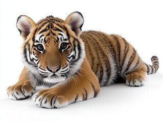 Obraz premium Adorable realistic image of a young tiger cub isolated on a white background emphasizing its playful and cute nature