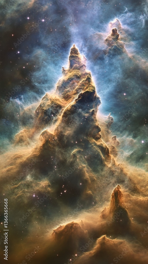 Poster stunning vertical view of a massive cosmic nebula with intricate details of gas clouds illuminated b