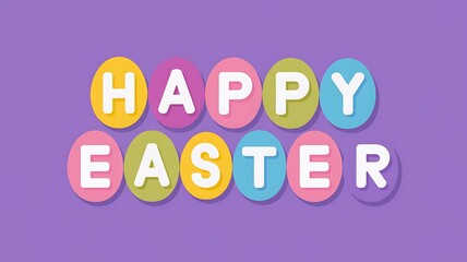 A collection of multicolored eggs spelling out the words 'Happy Easter' in vibrant colors with solid purple background and white letters, creating a festive and eye-catching Easter design festive vibe