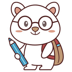 Cartoon Bear with Glasses Holding Pencil and Backpack on Transparent Background