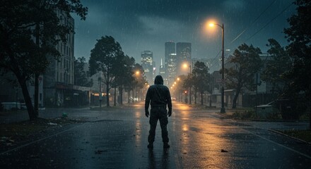 Person in dark clothing standing alone in rainy urban street  