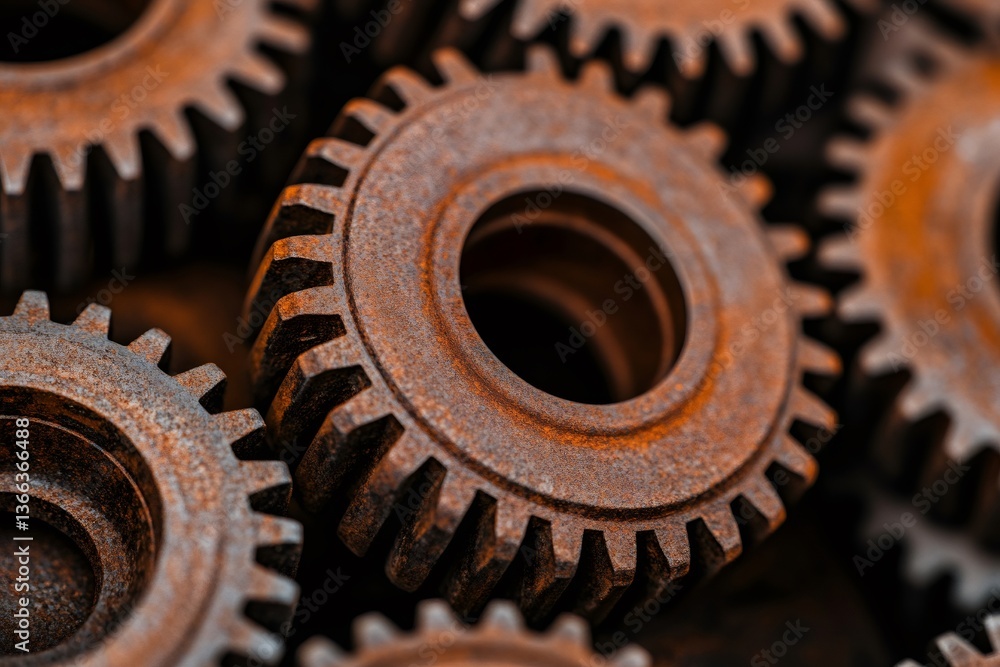 Aufkleber rusty gears interlocking, representing teamwork and industrial processes