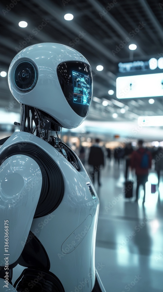 Poster a sleek humanoid robot stands amidst the bustling environment of an airport terminal, showcasing adv