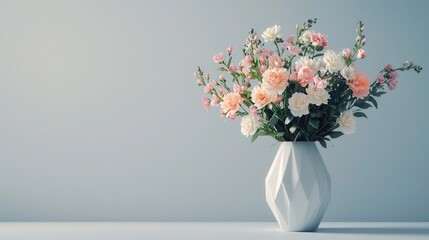 Fototapeta premium a sleek and modern flower arrangement in a geometric vase, featuring a minimalist aesthetic with soft pastel tones and elegant simplicity. 