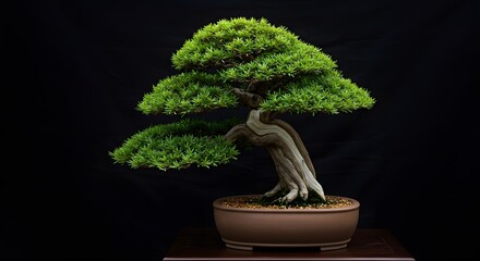 Bonsai Tree in a special pot, isolated on a Black background, banner, copy space, against a white wall
