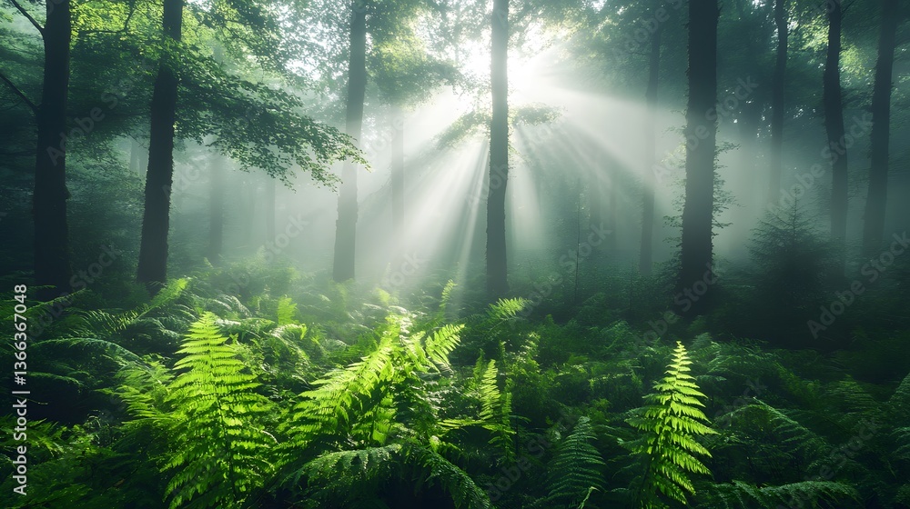 Poster sunlight streams through a lush, verdant forest, illuminating ferns and trees in a mystical display