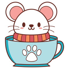 Cute Mouse in Cup with Scarf Cartoon on Transparent Background