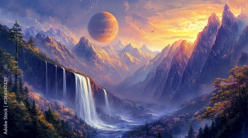 Poster an enchanting fantasy scene of a mountain range with waterfalls streaming into a vast river valley u