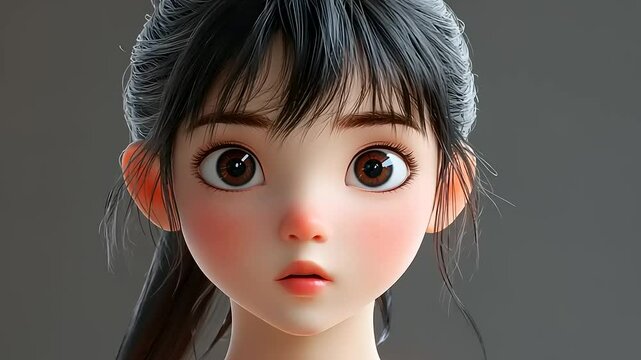 A charming, animated young girl with big brown eyes and rosy cheeks looking directly at the viewer.