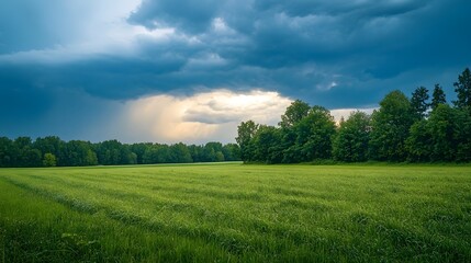 Obraz premium A dramatic and vast landscape under a moody sky with a sunlit field